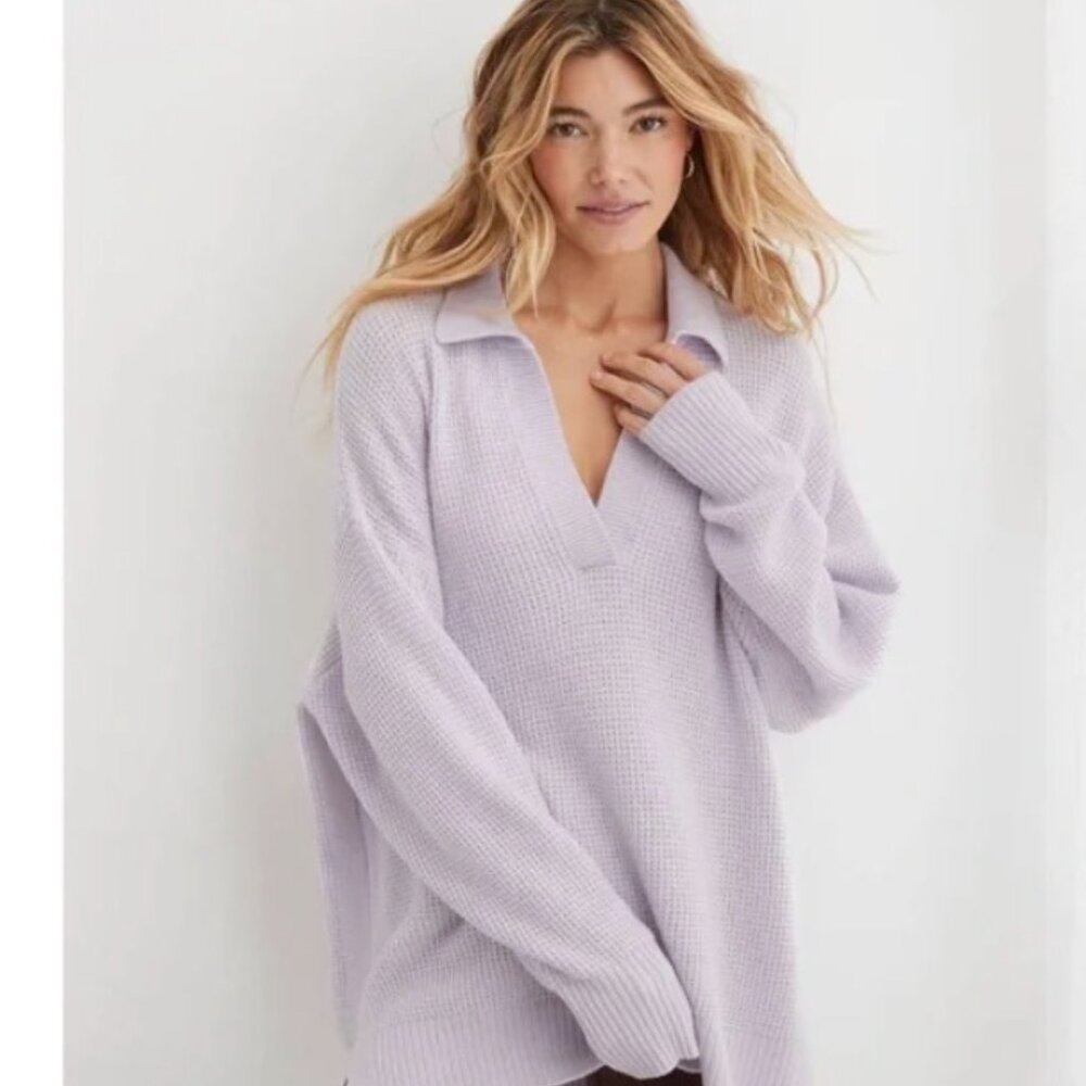 Aerie CozyUp Waffle Polo Oversized Sweater Lavender Dawn Small